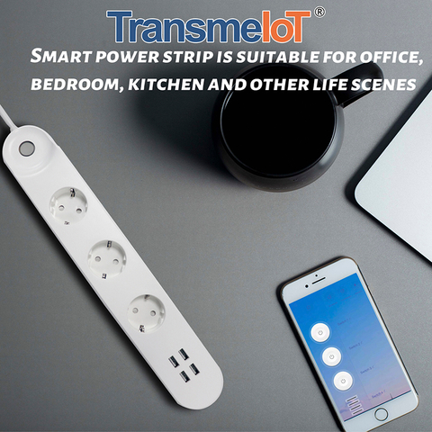 TransmeIoT Smart Plug Power Strip TM-PS-EU01CP , with 3 Individually Controlled Smart Outlets And 4 USB Ports, Works with Alexa & Google Home, No Hub Required , White
